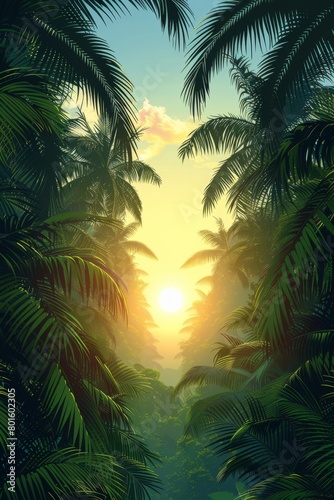 A view of a tropical jungle with the sun setting in it  AI