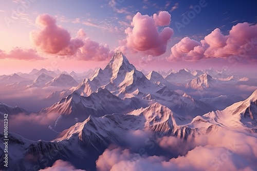 Aerial view of a mountain range captured from a plane flying overhead. The peaks and valleys stretch out into the distance under  sky with pink clouds photo
