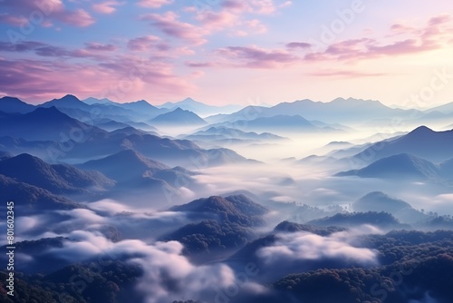 Stunning view of mountain range with clouds hovering in the foreground,  aerial view of natural background © alesia0604
