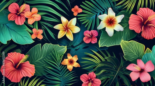 Vibrant tropical flowers amidst lush green leaves © abangaboy