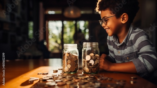 Young Black boy sits at a table, carefully placing a lid on a jar filled with various coins he has saved over time. Financial literacy photo