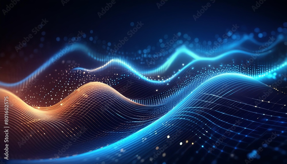 futuristic blue and orange digital background for tech, AI, data, audio, graphics with waves and dots 