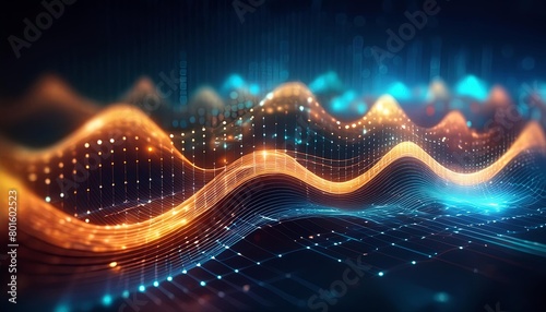 futuristic blue and yellow digital background for tech, AI, data, audio, graphics with waves and dots 