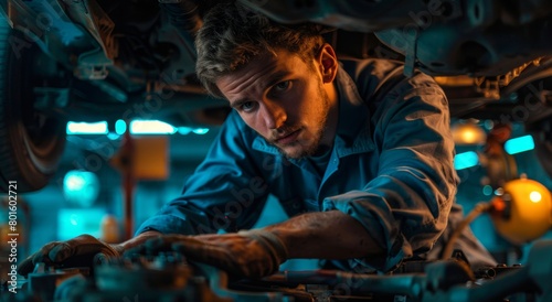 A man mechanic in a blue uniform is working on a car underneath it, in the style of adjudacte, showing the underbody with lighting and a workshop background. The color scheme is white.