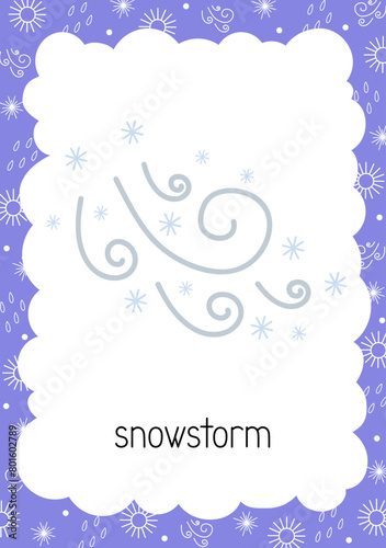 Weather flash card Snowstorm topical vocabulary learning printable, educational English worksheet for kids, nursery, kindergarten, pre-school, leisure activity, teacher resources vector illustration