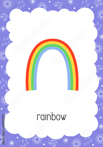 Weather flash card Rainbow topical vocabulary learning printable, educational English worksheet for kids, nursery, kindergarten, pre-school, leisure activity, teacher resources vector illustration
