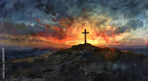 Oil painting of a cross standing on top of a hill during sunset.