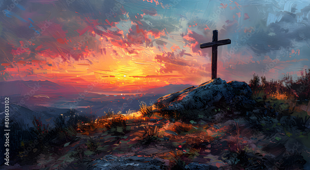 Oil painting of a cross standing on top of a hill during sunset. Oil painting of a cross standing on top of a hill during sunset.
