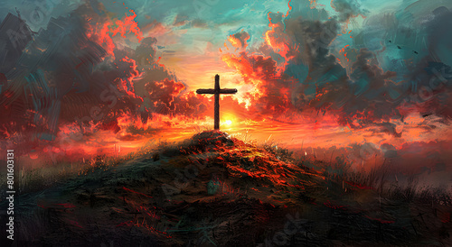 Oil painting of a cross standing on top of a hill during sunset.