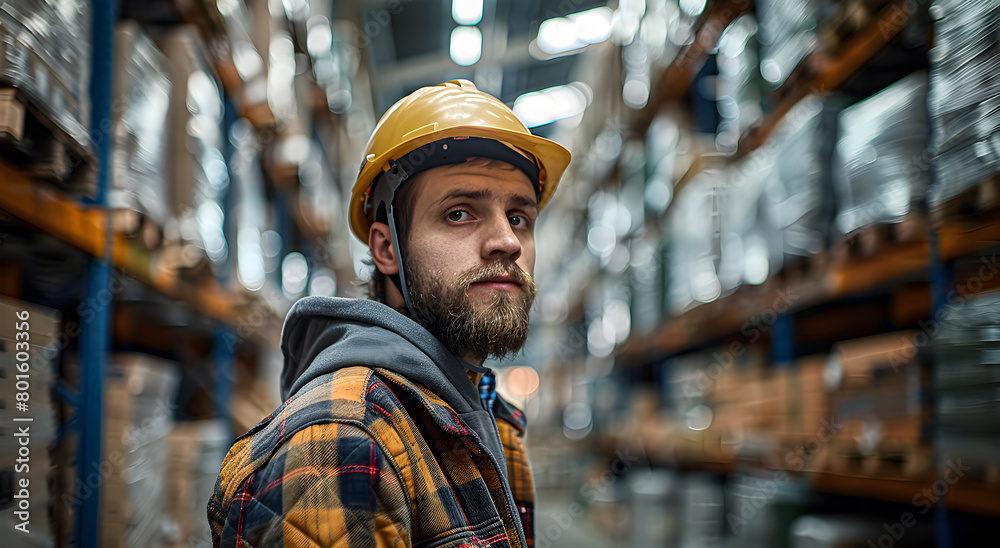 A helmeted worker in a warehouse. A helmeted worker in a warehouse.