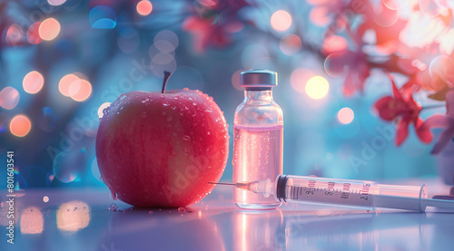 Whimsical experiment of nature. An apple, syquet, and bottle of medicine are arranged on a table, showcasing a unique fusion of natural and genetically modified organisms