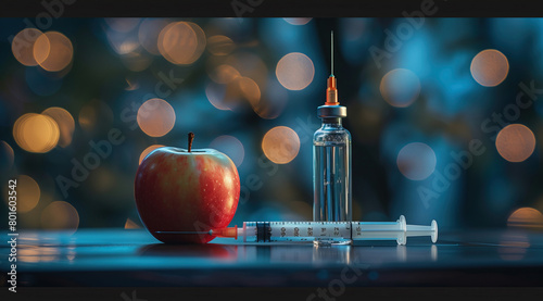 A futuristic shimmering vision of science. A red apple and a syringe symbolizing GMO, bathed in the soft glow of twilights reflective bokeh