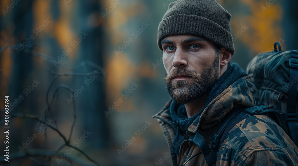 Obraz premium Modern survivalist with backpack and necessary survival equipment