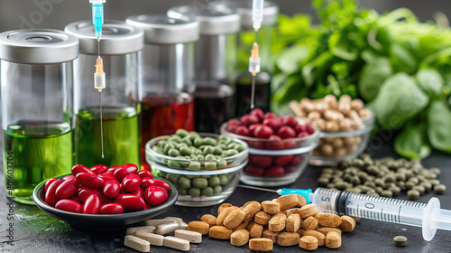 Science and nature: examining gmos on a modern laboratory table. Syringes injecting liquid into capsules amid a backdrop of leafy greens and beans, showcasing genetic modification