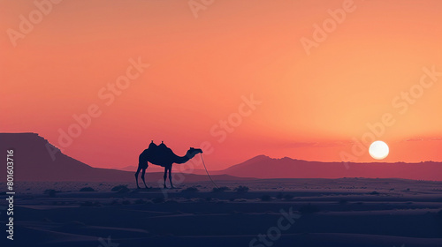 single camel silhouette, sun rising in the desert © Mehmet