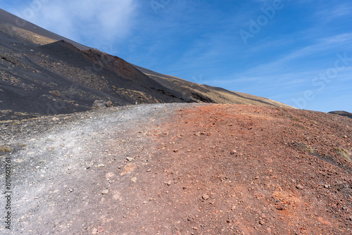 un chemin coloré sur les pentes d'un volcan avec un ciel bleu