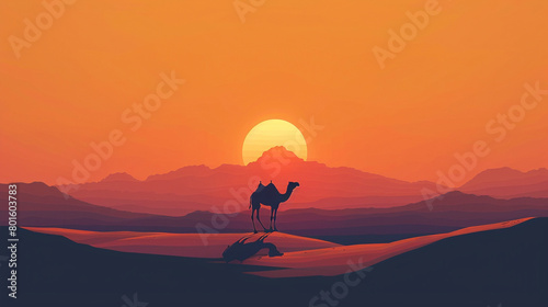 camel silhouette in the desert very hot day  sunset and sky color is like yellow  