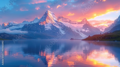 Stunning summer sunrise at Bachalpsee Lake  featuring a reflected view of icy mountains under a vibrant sky. Perfect for serene and natural landscapes.