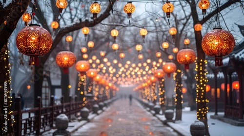 Illuminated Chinese New Year lanterns hanging over a snowy path in Ditan Park, Beijing during twilight.