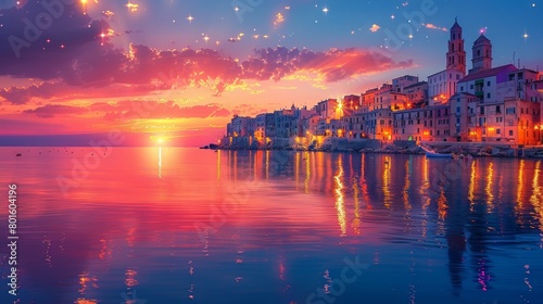 Picturesque coastal town of Vieste under a vibrant sunset, reflecting golden hues on serene waters. photo