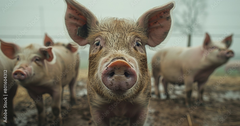 A pig pen full of pigs, looking at the camera, in an American factory farm. The photo was taken with A pig pen full of pigs, looking at the camera, in an American factory farm. The photo was taken with