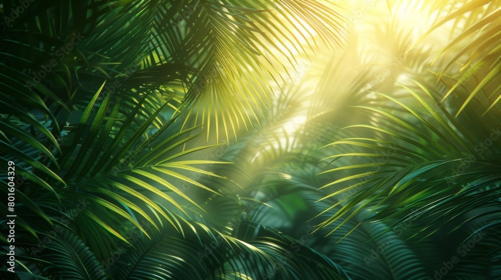 A close up of a tropical jungle with sunlight shining through the leaves, AI A close up of a tropical jungle with sunlight shining through the leaves, AI