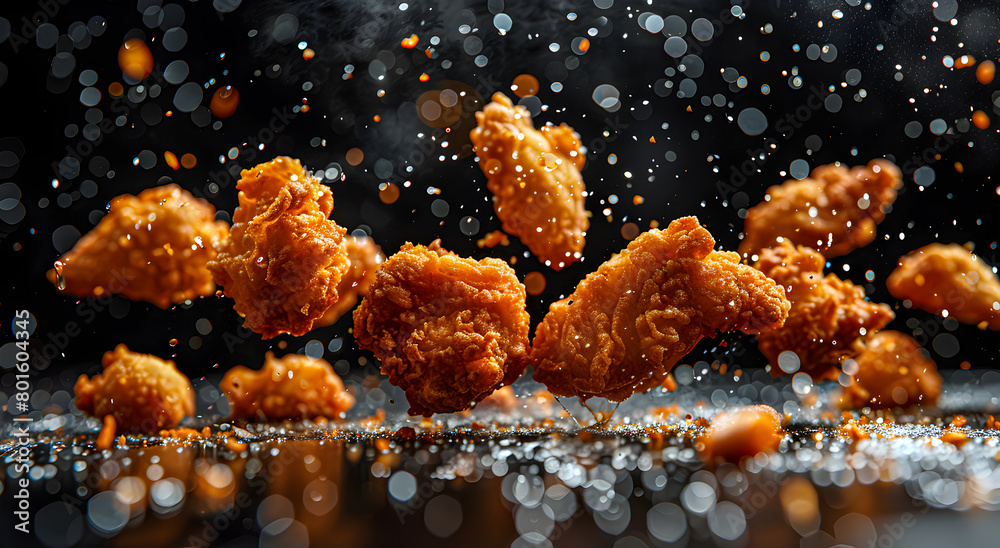 Pieces of breaded fried chicken falling against a black background Pieces of breaded fried chicken falling against a black background