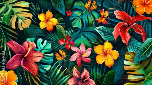 Tropical floral paradise with vibrant leaves and flowers
