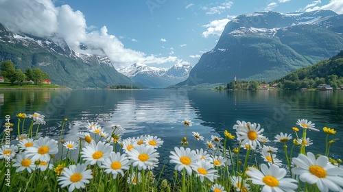 Captivating summer landscape of Lovatnet lake in Norway, featuring bright daisies in the foreground and majestic snowy mountains in the background. photo