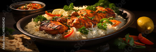 A flavorful and aromatic plate of Indian tandoori chicken with basmati rice and naan bread.