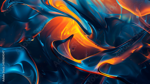 A striking abstract backdrop showcasing interweaving fluid lines and sharp geometric forms, colored in a dramatic mix of electric blue and fiery orange, shot with HD clarity