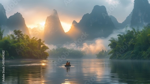 Sunrise over Guilin's Li River, featuring silhouetted Karst mountains enveloped in mist, with a small boat calmly navigating the tranquil waters.