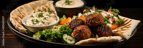 A flavorful and aromatic plate of Middle Eastern falafel with tahini sauce and pita bread.