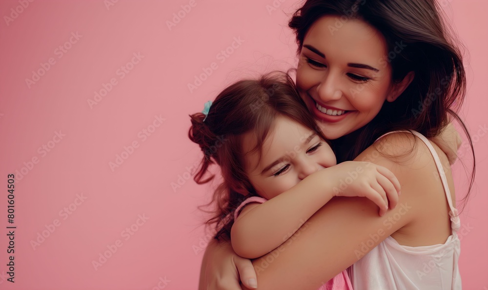 A young beautiful mother hugs her daughter. Children's day and Mother's day concept on the pink background. Mother's care and love. Happy mother with a child. A young beautiful mother hugs her daughter. Children's day and Mother's day concept on the pink background. Mother's care and love. Happy mother with a child.