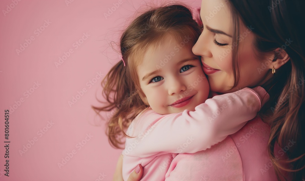 A young beautiful mother hugs her daughter. Children's day and Mother's day concept on the pink background. Mother's care and love. Happy mother with a child. A young beautiful mother hugs her daughter. Children's day and Mother's day concept on the pink background. Mother's care and love. Happy mother with a child.