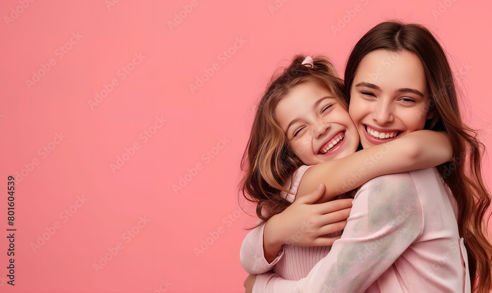 A young beautiful mother hugs her daughter. Children's day and Mother's day concept on the pink background. Mother's care and love. Happy mother with a child.