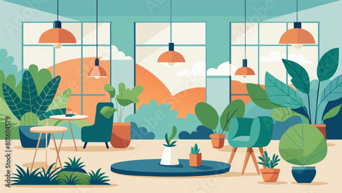 A natureinspired quiet space with plants natural light and cozy seating options for employees to take a break and destress. Vector illustration