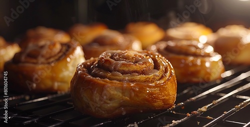 A video of cinnamon rolls being baked in the oven, with each roll showing signs of cooking and turning golden brown on top. The focus is sharp on one spiralshaped sweet bun against black background