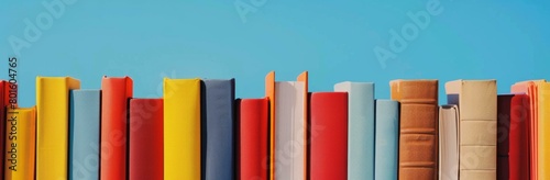 A row of colorful books against a blue sky background. Generative AI.