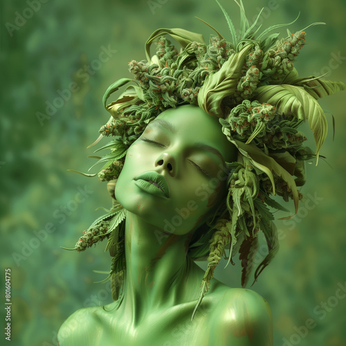 Serene woman close up with green skin and eyes closed, green cannabis foliage adorning her head.