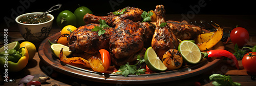 A flavorful and spicy plate of Jamaican jerk chicken with Caribbean spices. photo