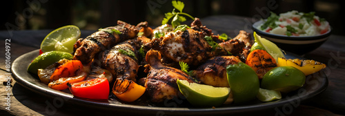 A flavorful and spicy plate of Jamaican jerk chicken with Caribbean spices. photo