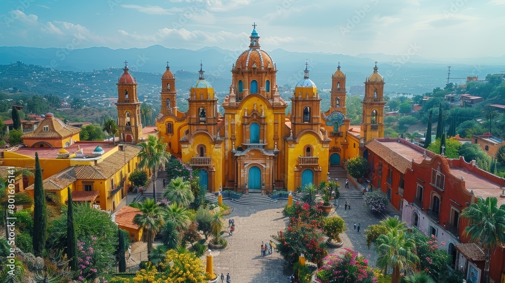 Fototapeta premium Stunning aerial view of the iconic San Miguel de Allende church surrounded by vibrant colonial architecture and lush greenery under a clear blue sky.