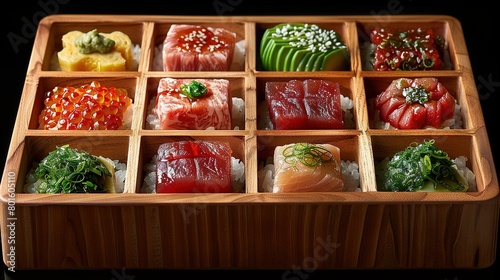   Wooden sushi box on top of white rice-krispy treat with sesame seeds © Olga