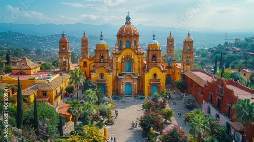 Stunning aerial view of the iconic San Miguel de Allende church surrounded by vibrant colonial architecture and lush greenery under a clear blue sky. photo