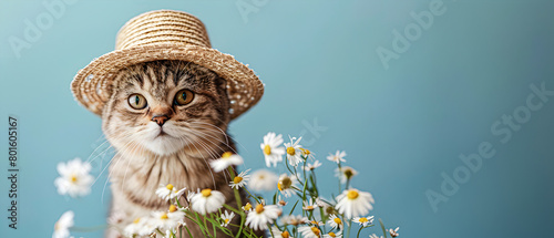 Portrait Cute fluffy cat wearing hat with fresh spring flowers on flat blue background. photo