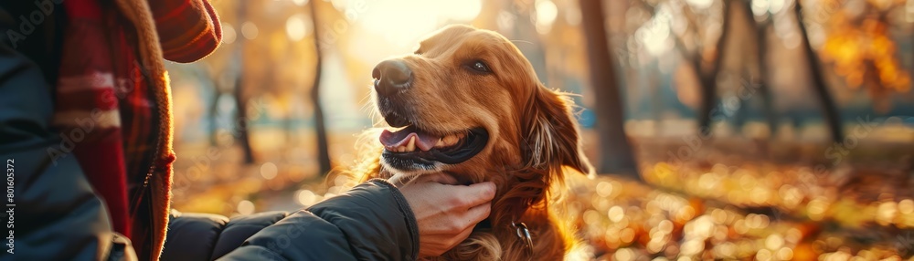 A joyful dog plays with its owner in a sunny park, a moment of pure happiness, close up with copy space