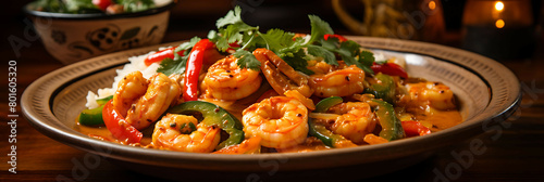 A flavorful and spicy plate of Thai red curry with shrimp and bell peppers.