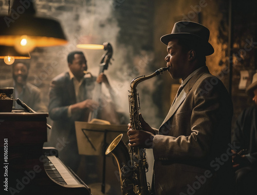 In a dimly lit 1940s New Orleans jazz club, a saxophonist, pianist, and bassist perform swing music passionately, enveloped in a smoky, intimate atmosphere. photo