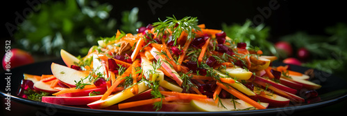 A fresh and crunchy salad with shredded carrots, beets, and apples, photo